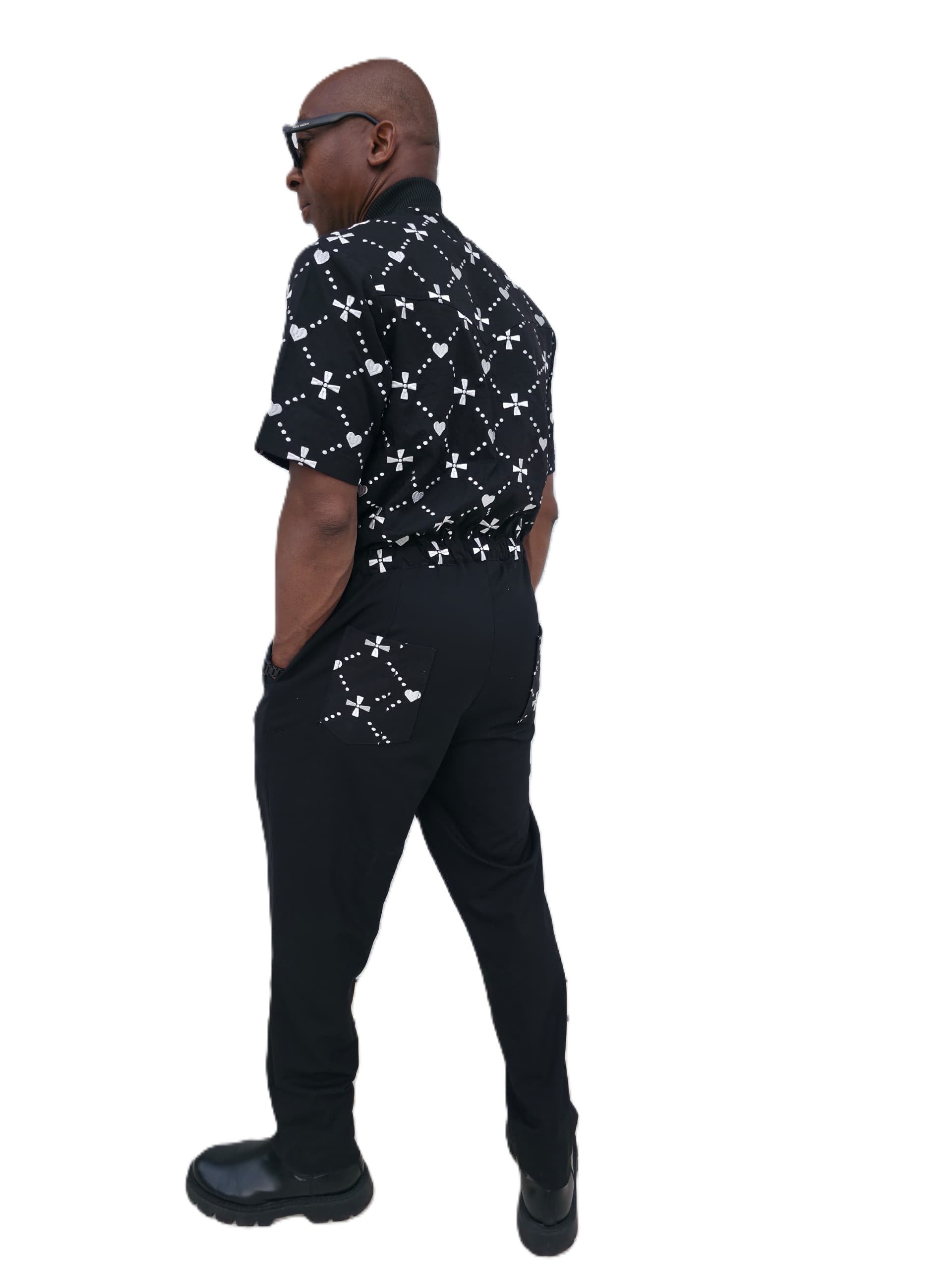 Urban Heritage short-sleeve utility jumpsuit featuring a black and white geometric - Back View