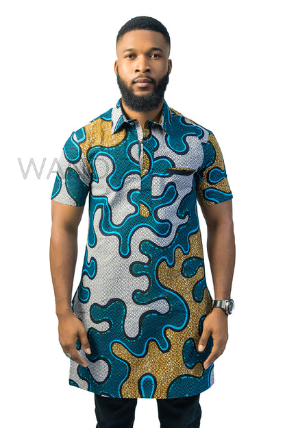 Blue and Yellow Ankara Shirt, African Men Clothing, African Mens Wear, Ankara Shirt