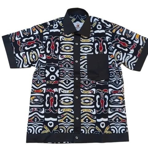 Short-sleeve shirt with a colorful geometric pattern on a white background