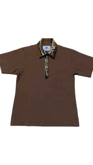 Brown polo shirt with a patterned collar on a white background