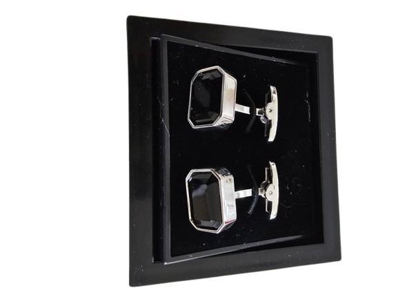 Black Rectangular Silver-Edged Cufflinks
