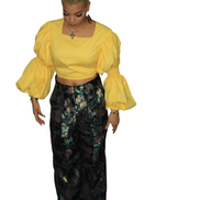 African Women's Pants featuring high-waisted, wide-leg trousers crafted from a dark, metallic floral jacquard damask fabric
