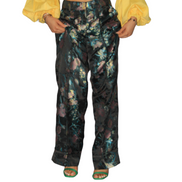 African Women's Pants featuring high-waisted, wide-leg trousers crafted from a dark, metallic floral jacquard damask fabric