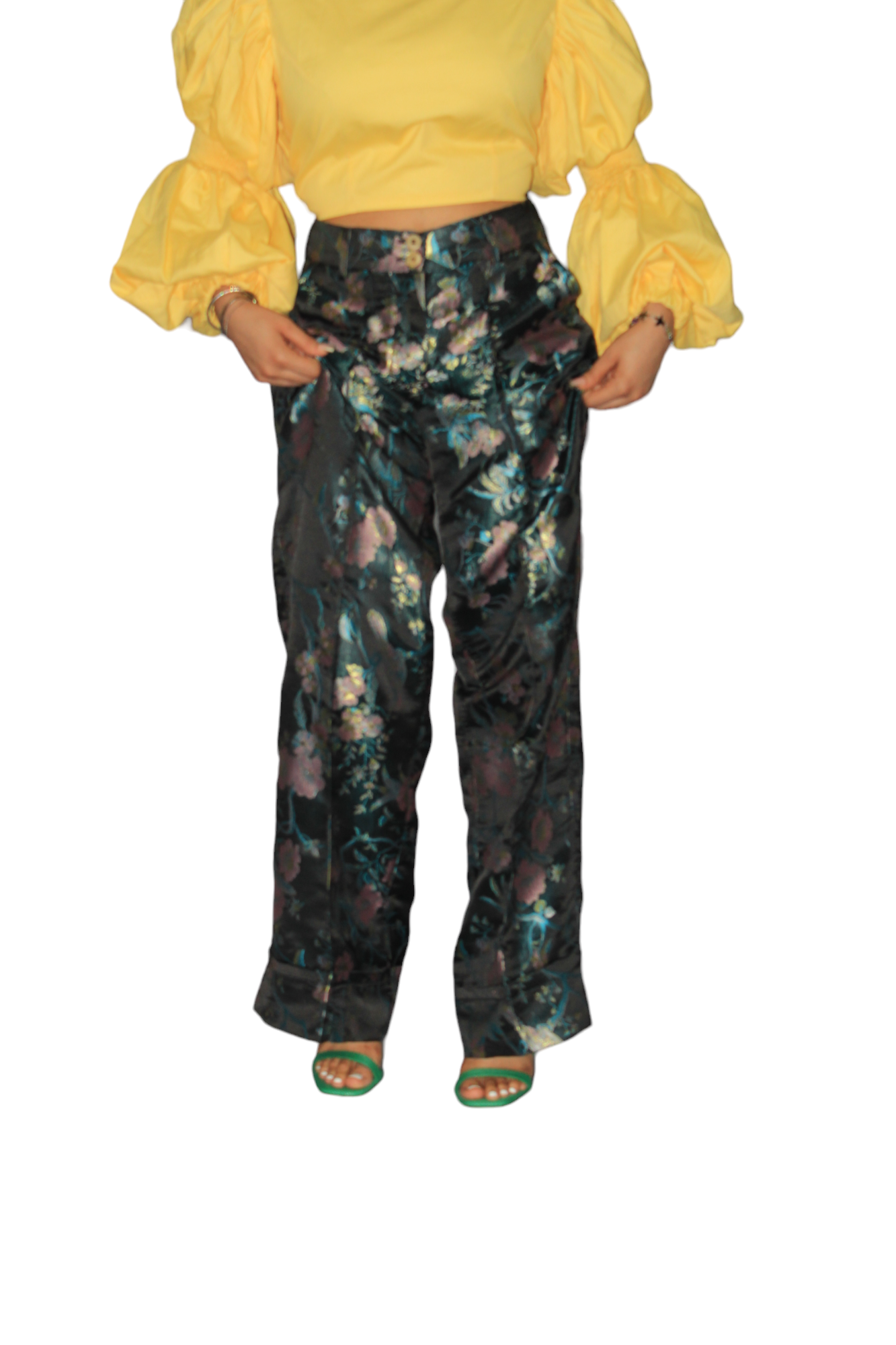 African Women's Pants featuring high-waisted, wide-leg trousers crafted from a dark, metallic floral jacquard damask fabric