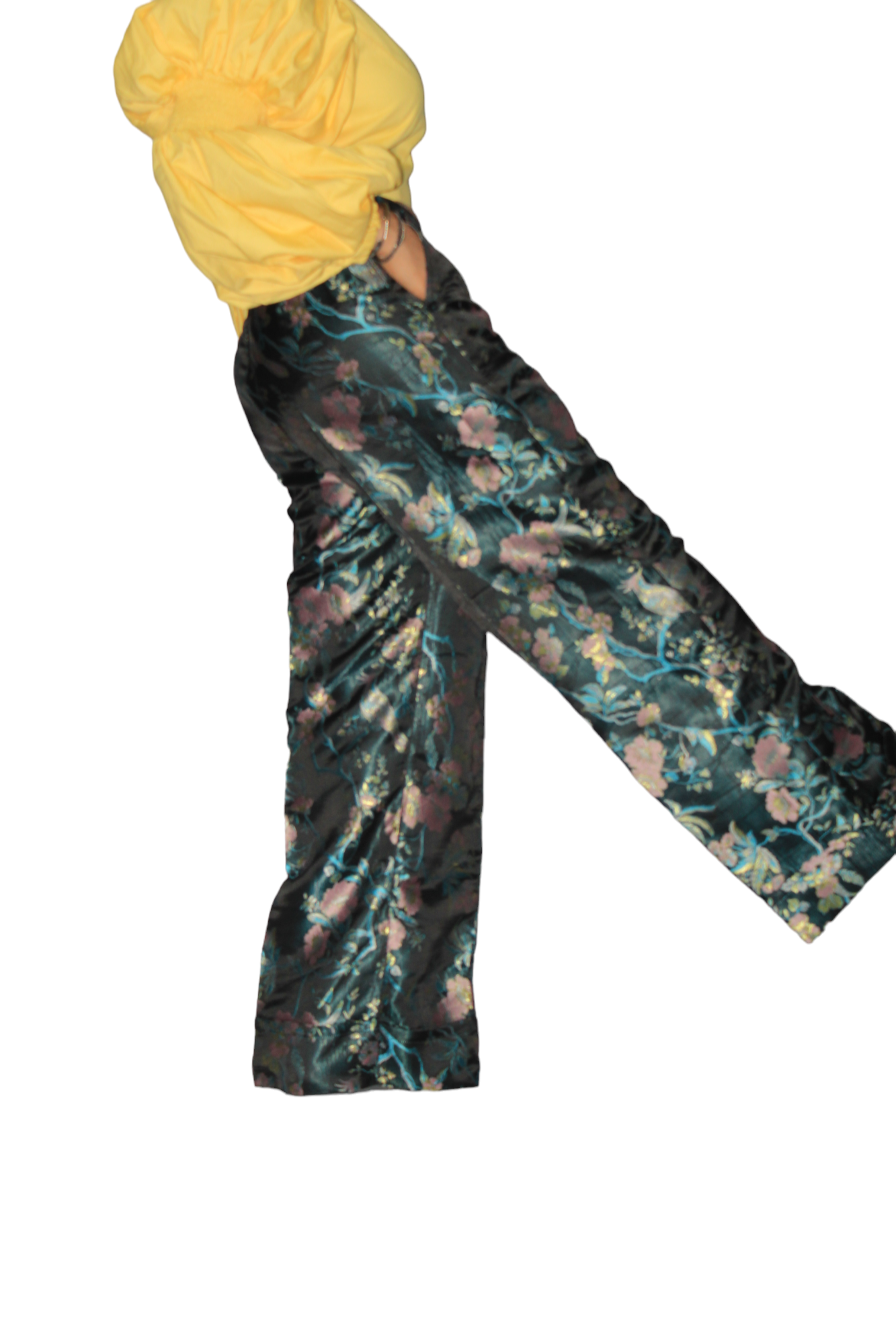 African Women's Pants featuring high-waisted, wide-leg trousers crafted from a dark, metallic floral jacquard damask fabric