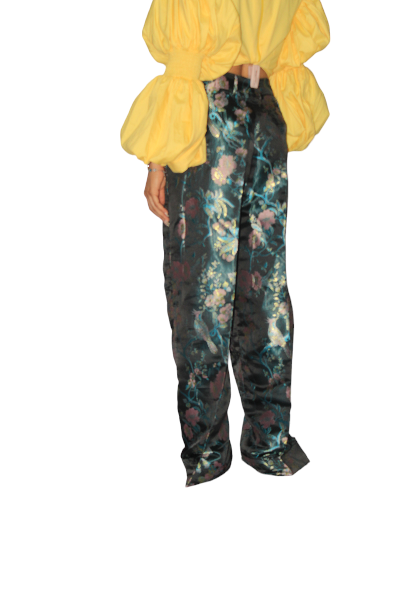 African Women's Pants featuring high-waisted, wide-leg trousers crafted from a dark, metallic floral jacquard damask fabric