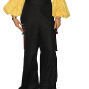 African Women's Pants featuring a high-waisted black wide-leg silhouette with distinct multi-colored striped Aso Oke side patch pockets