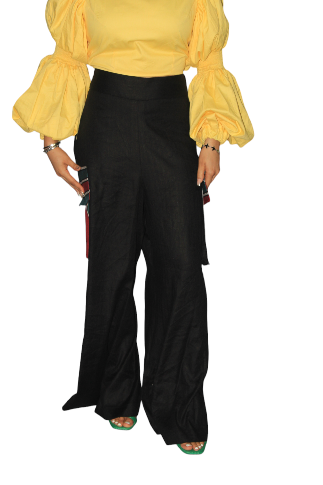 African Women's Pants featuring a high-waisted black wide-leg silhouette with distinct multi-colored striped Aso Oke side patch pockets