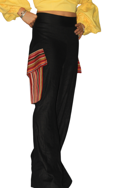 African Women's Pants featuring a high-waisted black wide-leg silhouette with distinct multi-colored striped Aso Oke side patch pockets