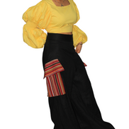 African Women's Pants featuring a high-waisted black wide-leg silhouette with distinct multi-colored striped Aso Oke side patch pockets