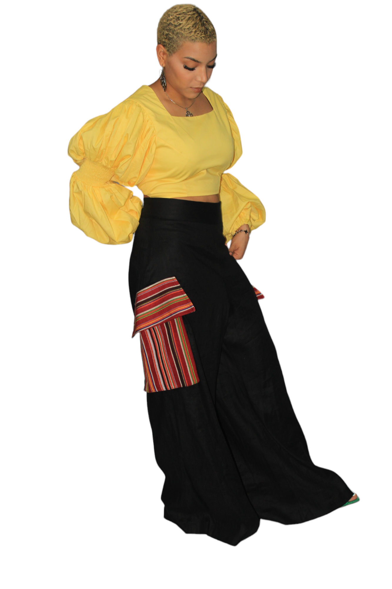 African Women's Pants featuring a high-waisted black wide-leg silhouette with distinct multi-colored striped Aso Oke side patch pockets