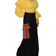 African Women's Pants featuring a high-waisted black wide-leg silhouette with distinct multi-colored striped Aso Oke side patch pockets