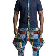 Two-Piece Set — Ndebele Tribal Patchwork Harem Pants & Navy Contrast Shirt