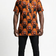 a patterned orange and black shirt 