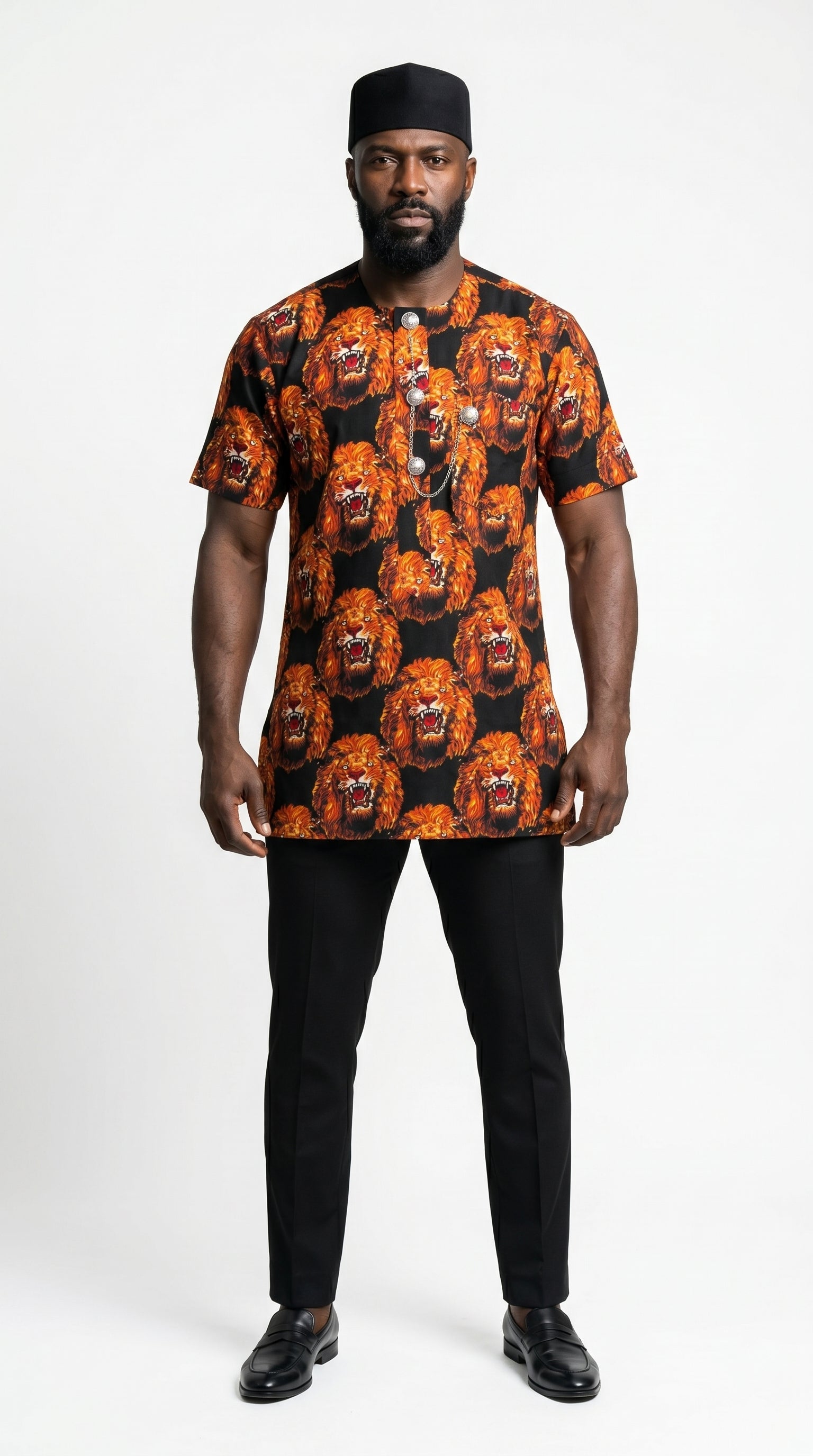 a patterned orange and black shirt 