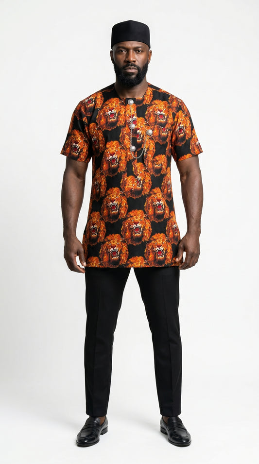 a patterned orange and black shirt 