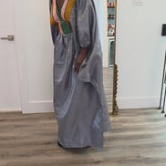 Luxury silver-grey Beaded Boubou Kaftan featuring a V-neckline with a colorful beaded mosaic pattern and voluminous sleeves.