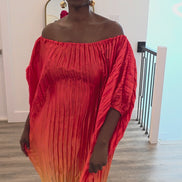 Pleated Ombre Kaftan available in red-green, yellow-pink, and pink-blue gradients, featuring a wide neckline and a flowing Boubou silhouette.Video