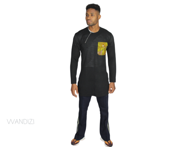 black Net shirt with ankara patch by Wandizi
